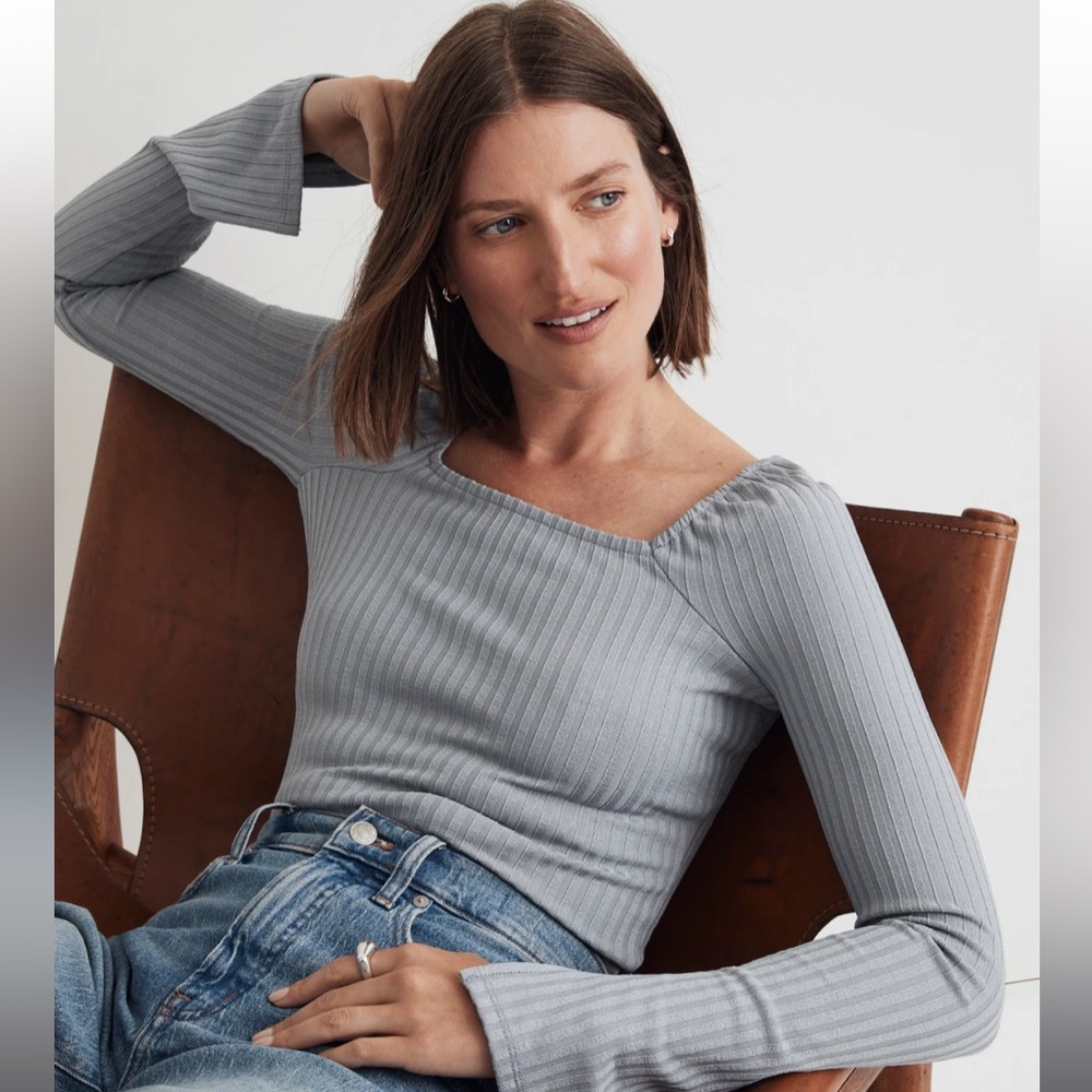 NWT Madewell Ribbed Square Neck Long Sleeve Tee in color Craft Blue